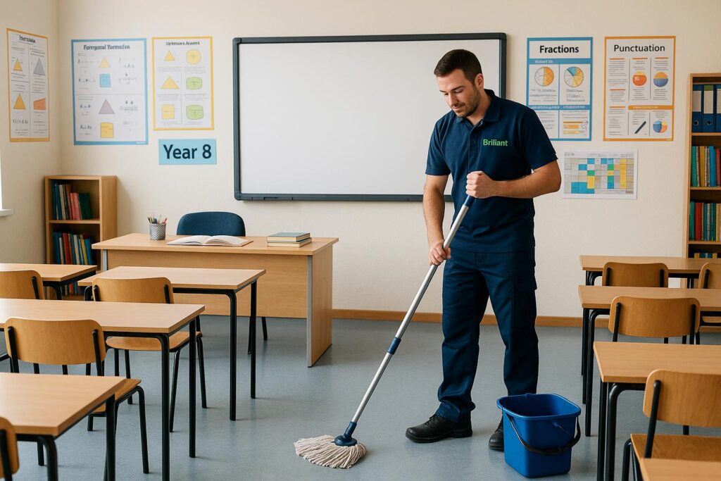 Brilliant Commercial Cleaning - School classroom floor mopping service with professional cleaner in Year 8 classroom